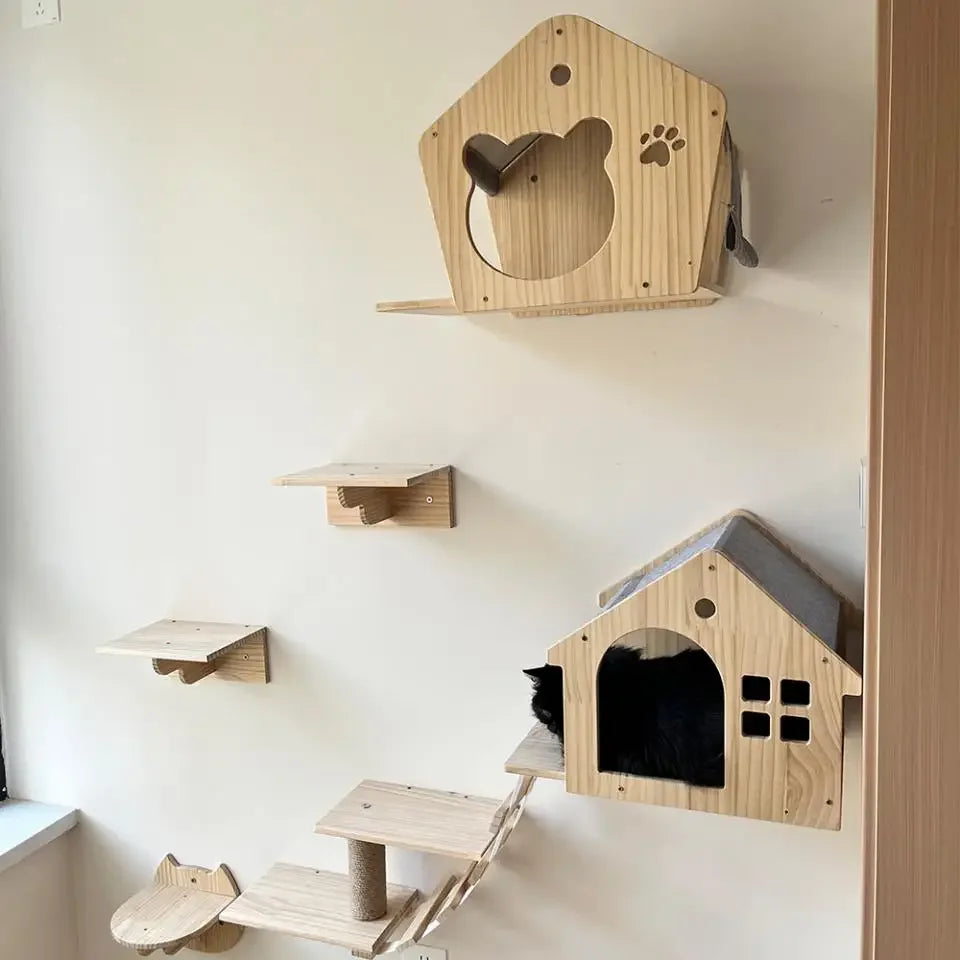 Wall-Mounted Wooden Cat Climbing Set
